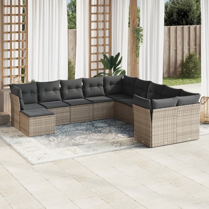 vidaXL 11-tlg. Garten-Sofagarnitur mit Kissen Schwarz Poly Rattan