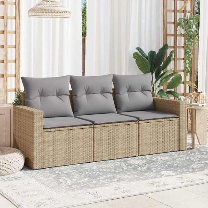3-tlg. Garten-Sofagarnitur mit Kissen Schwarz Poly Rattan