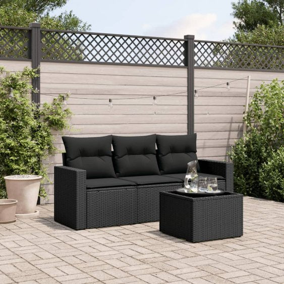 3-tlg. Garten-Sofagarnitur mit Kissen Schwarz Poly Rattan