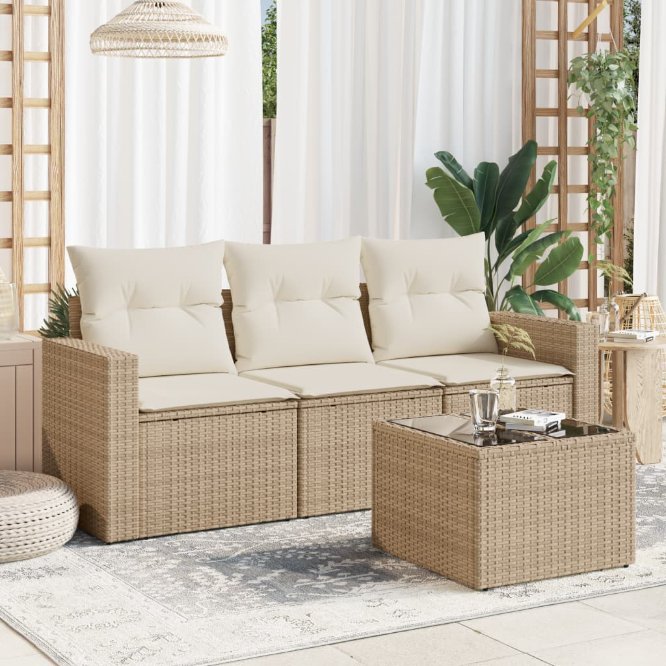 3-tlg. Garten-Sofagarnitur mit Kissen Schwarz Poly Rattan