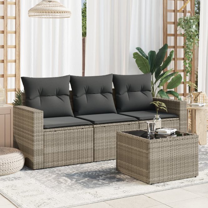 3-tlg. Garten-Sofagarnitur mit Kissen Schwarz Poly Rattan