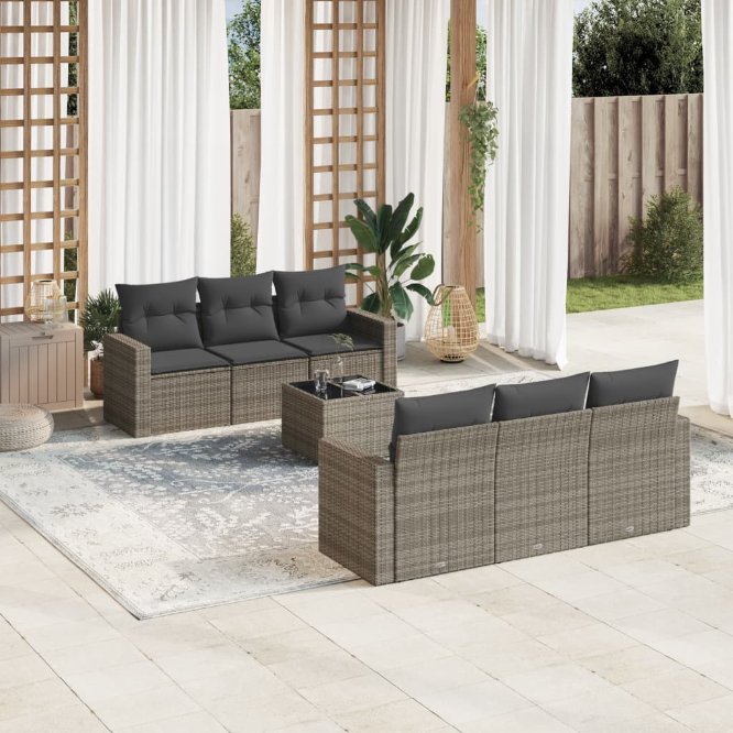 7-tlg. Garten-Sofagarnitur mit Kissen Schwarz Poly Rattan