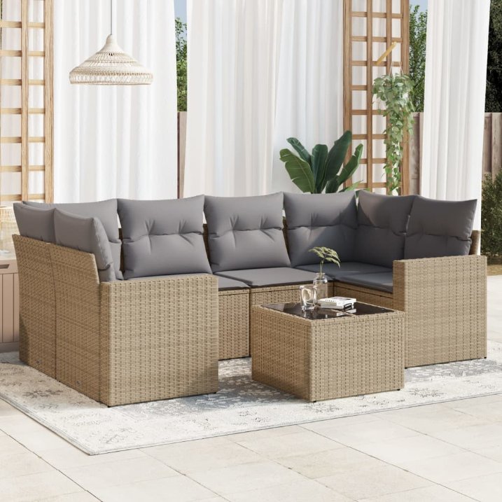7-tlg. Garten-Sofagarnitur mit Kissen Schwarz Poly Rattan