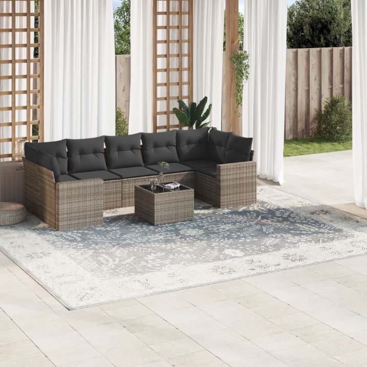 8-tlg. Garten-Sofagarnitur mit Kissen Schwarz Poly Rattan