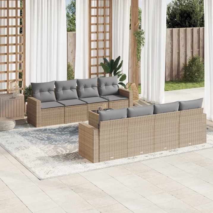 9-tlg. Garten-Sofagarnitur mit Kissen Schwarz Poly Rattan