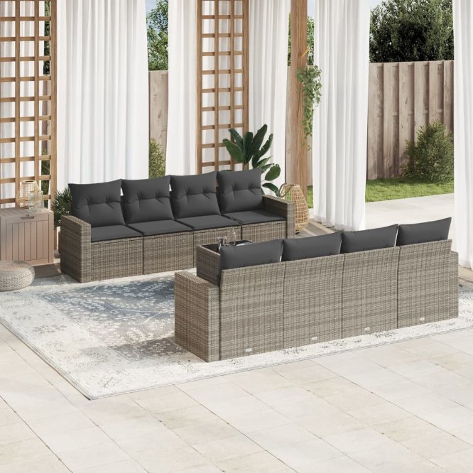 9-tlg. Garten-Sofagarnitur mit Kissen Schwarz Poly Rattan