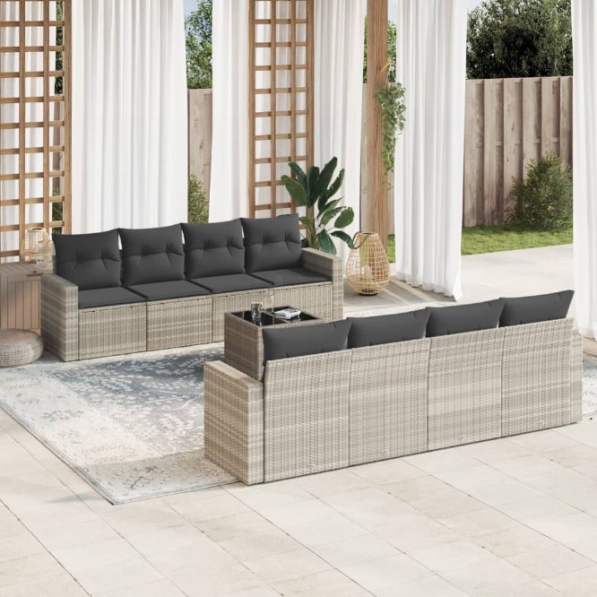 9-tlg. Garten-Sofagarnitur mit Kissen Schwarz Poly Rattan
