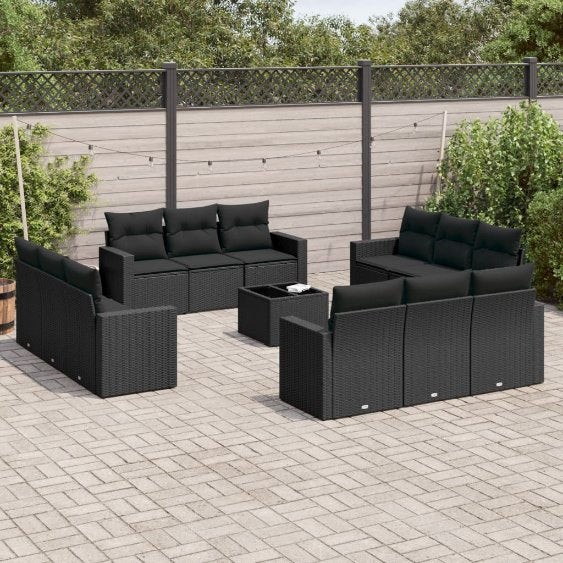 vidaXL 12-tlg. Garten-Sofagarnitur mit Kissen Schwarz Poly Rattan