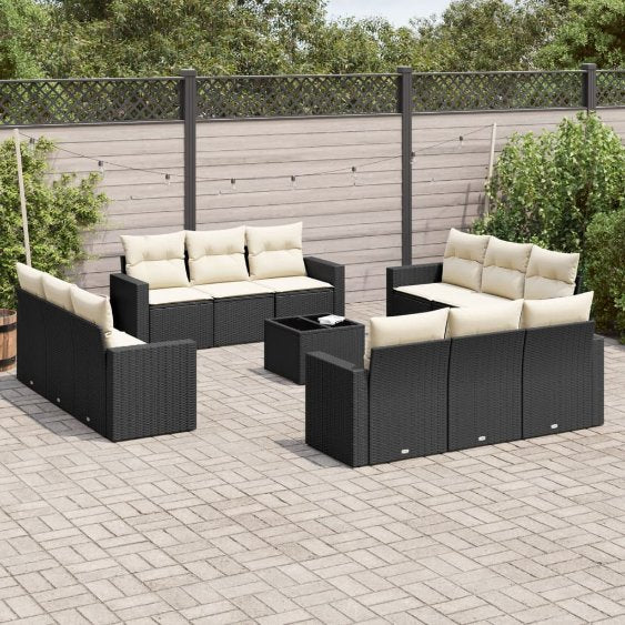 vidaXL 12-tlg. Garten-Sofagarnitur mit Kissen Schwarz Poly Rattan