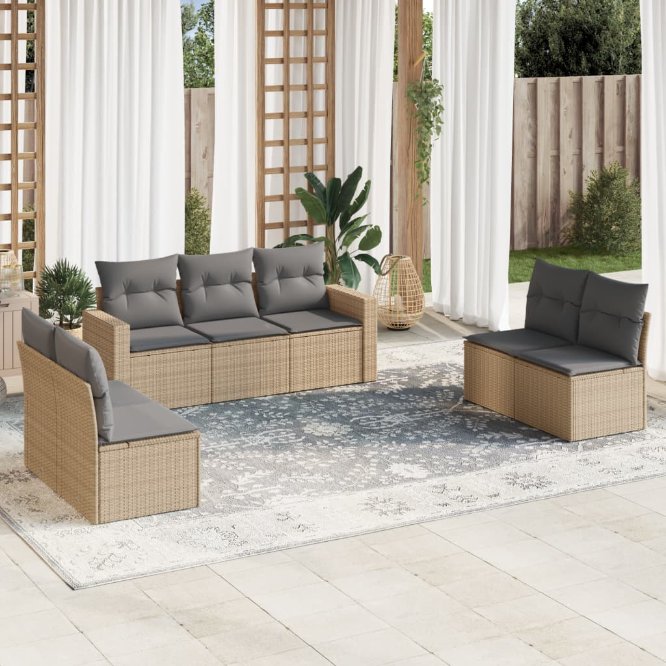 7-tlg. Garten-Sofagarnitur mit Kissen Schwarz Poly Rattan