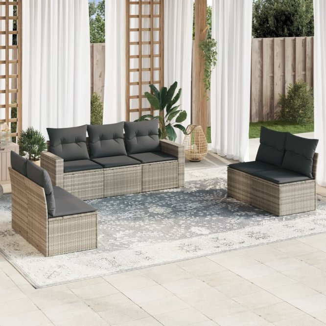 7-tlg. Garten-Sofagarnitur mit Kissen Schwarz Poly Rattan