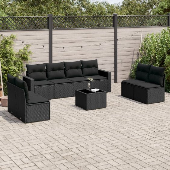 8-tlg. Garten-Sofagarnitur mit Kissen Schwarz Poly Rattan