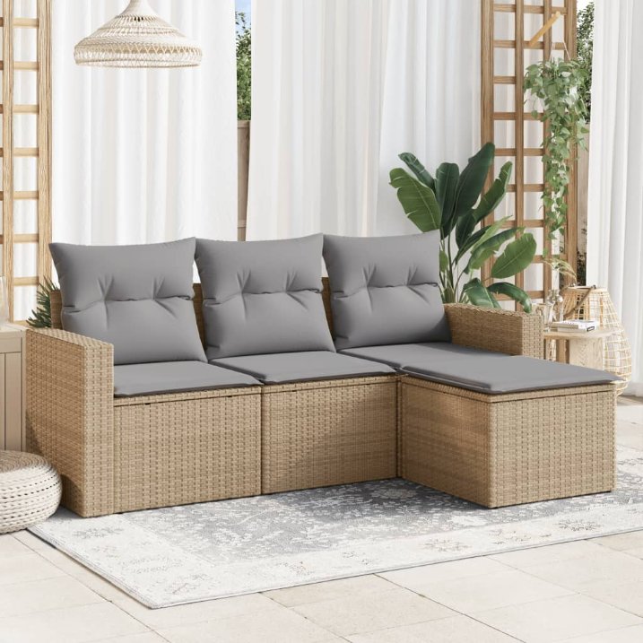 4-tlg. Garten-Sofagarnitur mit Kissen Schwarz Poly Rattan