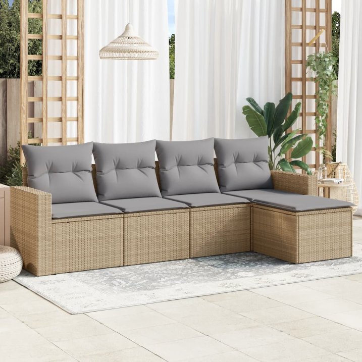 5-tlg. Garten-Sofagarnitur mit Kissen Schwarz Poly Rattan