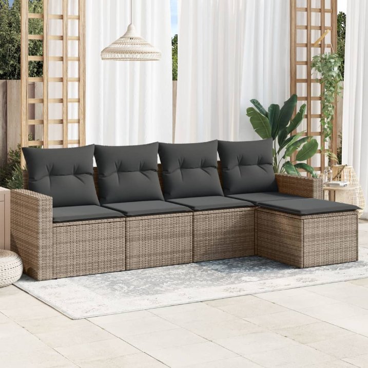 5-tlg. Garten-Sofagarnitur mit Kissen Schwarz Poly Rattan