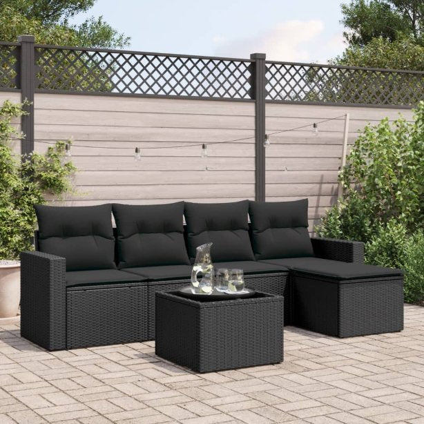 5-tlg. Garten-Sofagarnitur mit Kissen Schwarz Poly Rattan