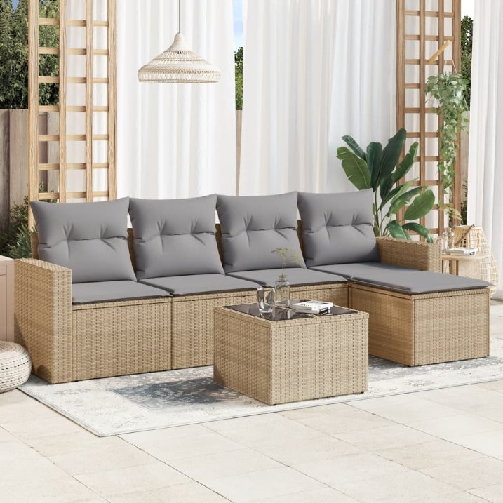 5-tlg. Garten-Sofagarnitur mit Kissen Schwarz Poly Rattan