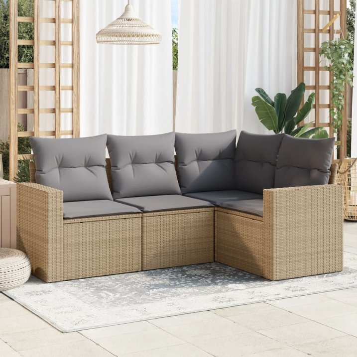 4-tlg. Garten-Sofagarnitur mit Kissen Schwarz Poly Rattan