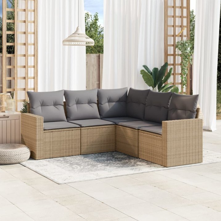 5-tlg. Garten-Sofagarnitur mit Kissen Schwarz Poly Rattan