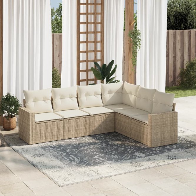 6-tlg. Garten-Sofagarnitur mit Kissen Schwarz Poly Rattan