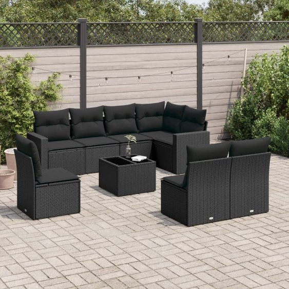8-tlg. Garten-Sofagarnitur mit Kissen Schwarz Poly Rattan