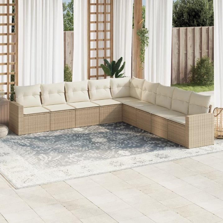 9-tlg. Garten-Sofagarnitur mit Kissen Schwarz Poly Rattan