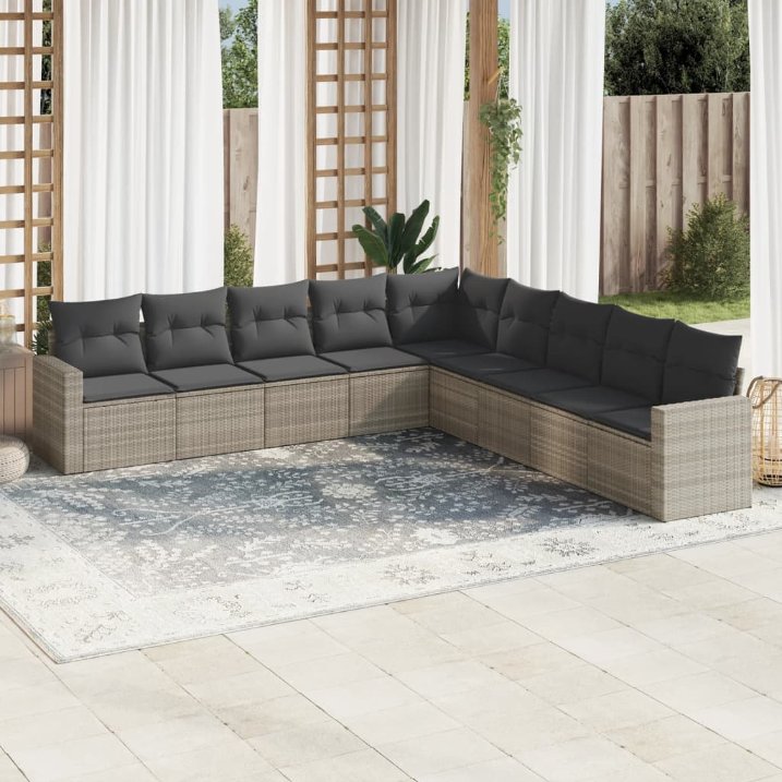 9-tlg. Garten-Sofagarnitur mit Kissen Schwarz Poly Rattan