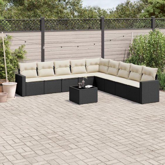 9-tlg. Garten-Sofagarnitur mit Kissen Schwarz Poly Rattan