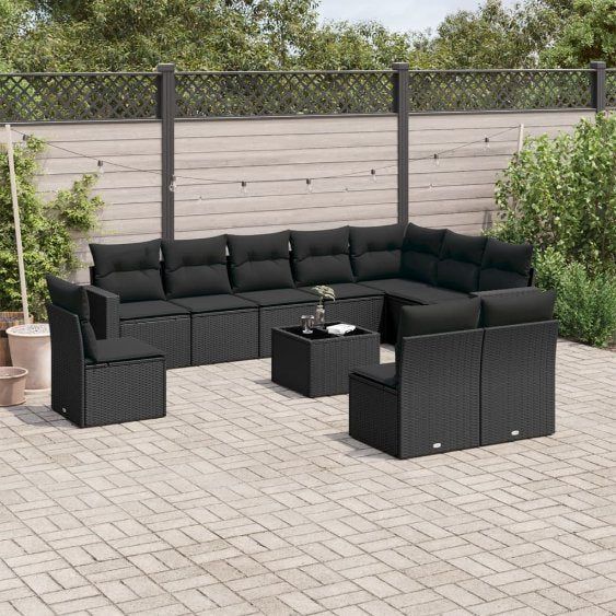 vidaXL 10-tlg. Garten-Sofagarnitur mit Kissen Schwarz Poly Rattan