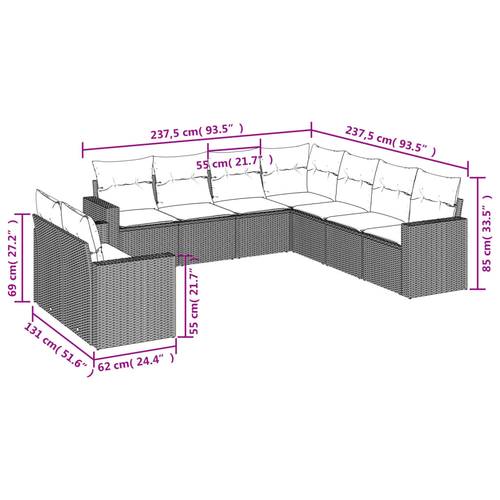 9-tlg. Garten-Sofagarnitur mit Kissen Schwarz Poly Rattan