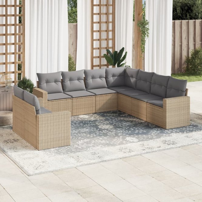 9-tlg. Garten-Sofagarnitur mit Kissen Schwarz Poly Rattan