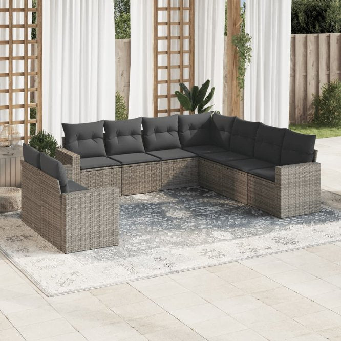 9-tlg. Garten-Sofagarnitur mit Kissen Schwarz Poly Rattan