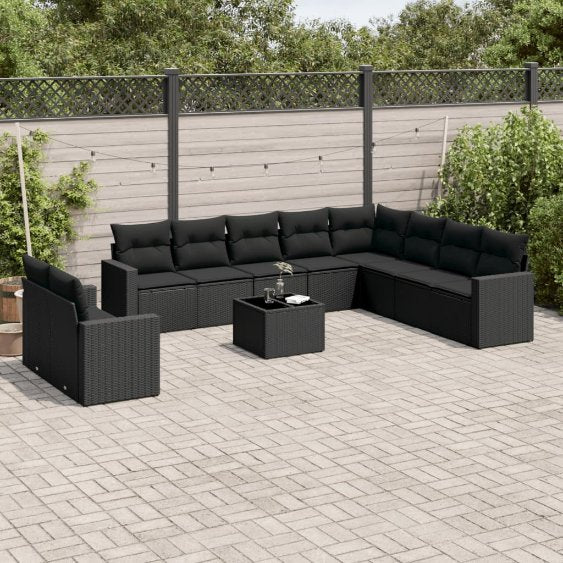 vidaXL 10-tlg. Garten-Sofagarnitur mit Kissen Schwarz Poly Rattan
