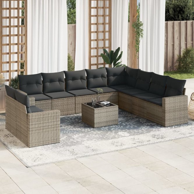 vidaXL 10-tlg. Garten-Sofagarnitur mit Kissen Schwarz Poly Rattan