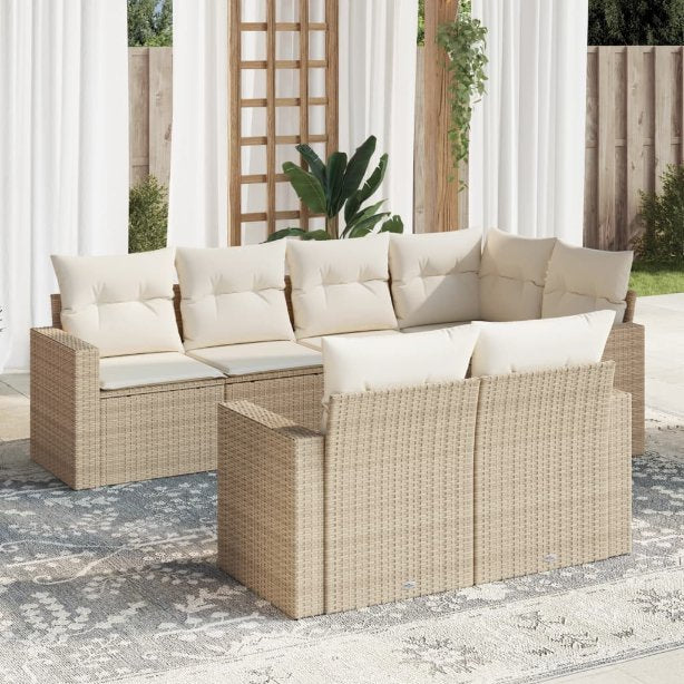 7-tlg. Garten-Sofagarnitur mit Kissen Schwarz Poly Rattan