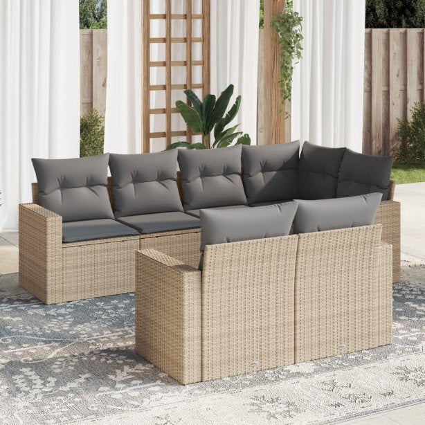 7-tlg. Garten-Sofagarnitur mit Kissen Schwarz Poly Rattan