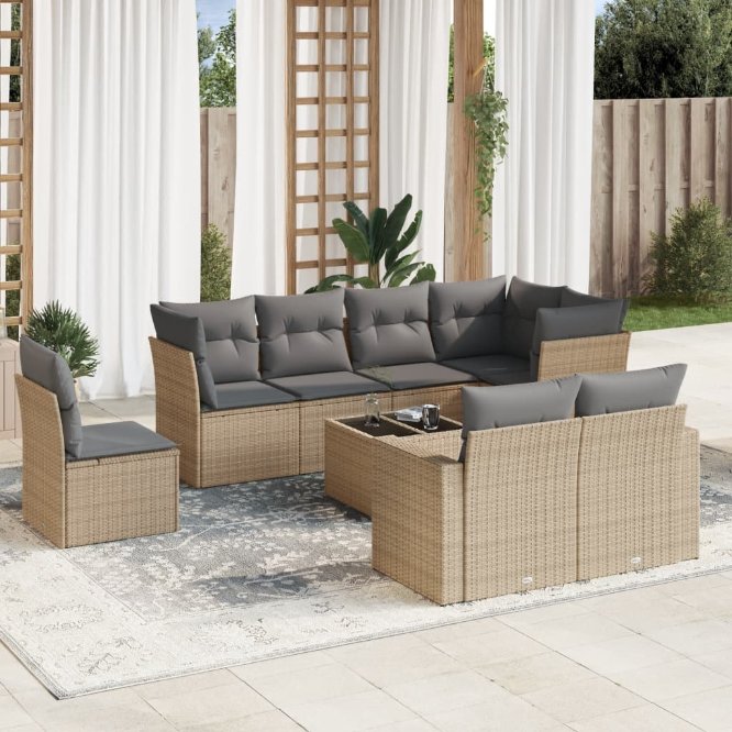 8-tlg. Garten-Sofagarnitur mit Kissen Schwarz Poly Rattan