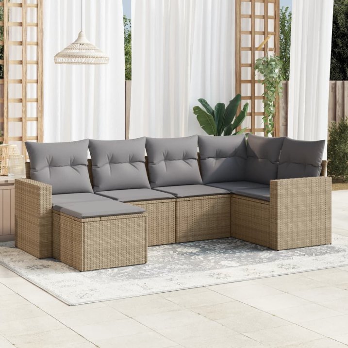 6-tlg. Garten-Sofagarnitur mit Kissen Schwarz Poly Rattan