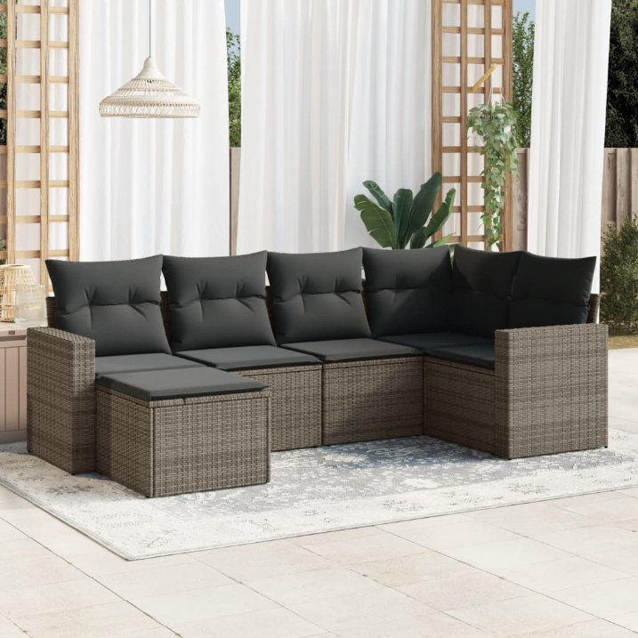 6-tlg. Garten-Sofagarnitur mit Kissen Schwarz Poly Rattan