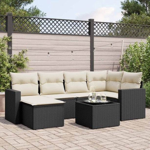 6-tlg. Garten-Sofagarnitur mit Kissen Schwarz Poly Rattan