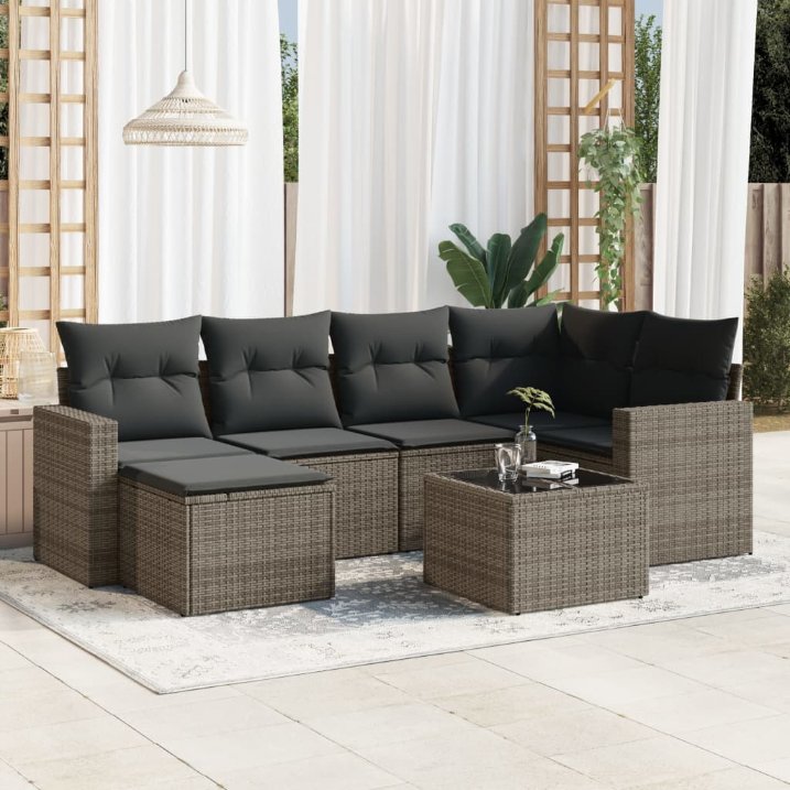 6-tlg. Garten-Sofagarnitur mit Kissen Schwarz Poly Rattan