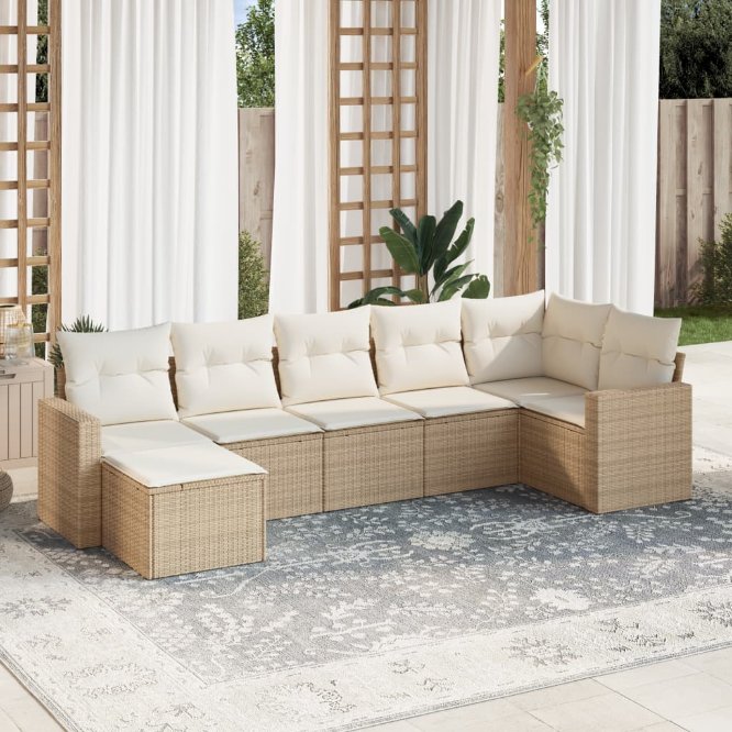 7-tlg. Garten-Sofagarnitur mit Kissen Schwarz Poly Rattan