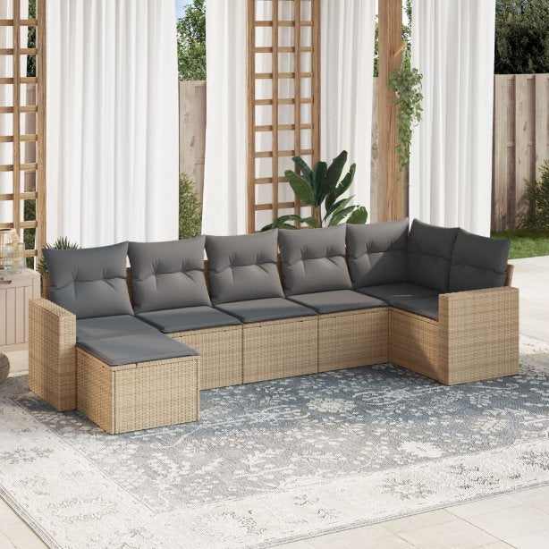 7-tlg. Garten-Sofagarnitur mit Kissen Schwarz Poly Rattan