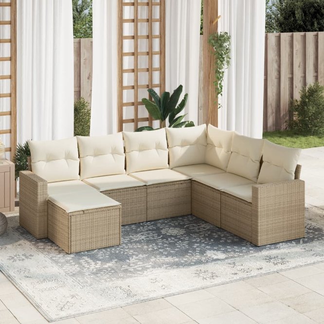 7-tlg. Garten-Sofagarnitur mit Kissen Schwarz Poly Rattan