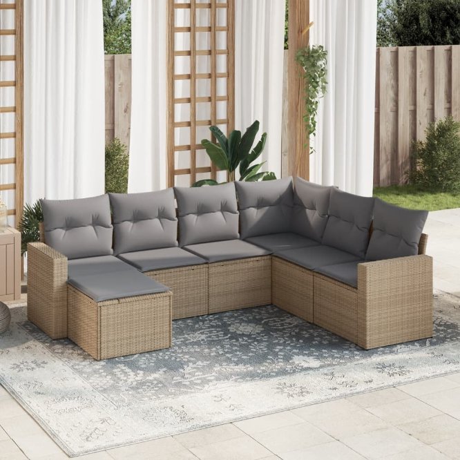7-tlg. Garten-Sofagarnitur mit Kissen Schwarz Poly Rattan