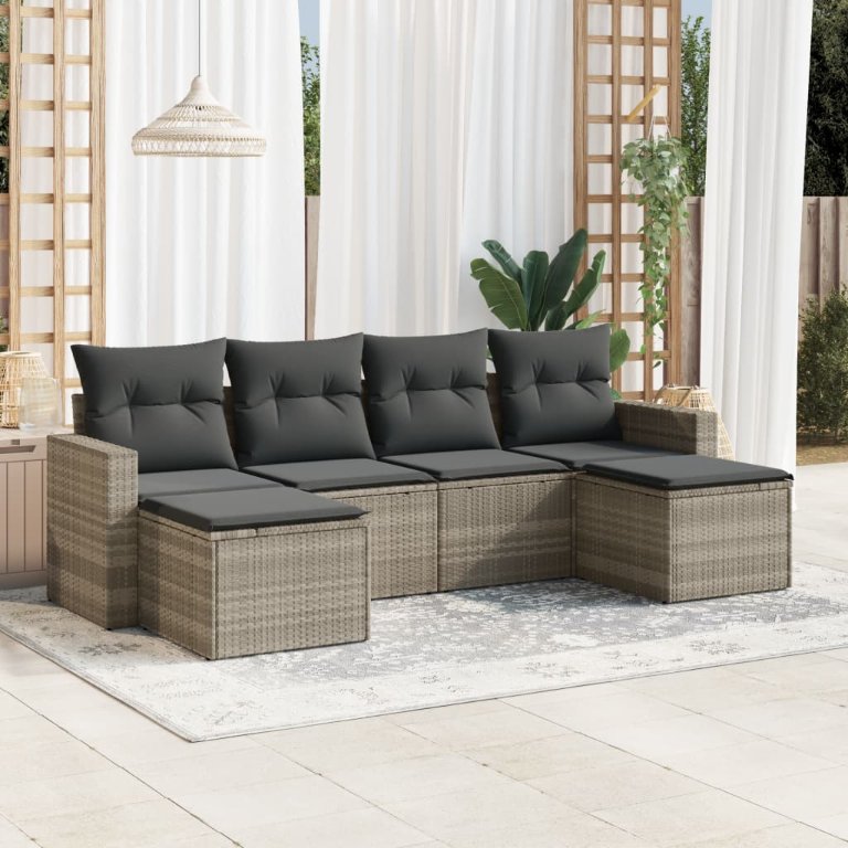 6-tlg. Garten-Sofagarnitur mit Kissen Schwarz Poly Rattan