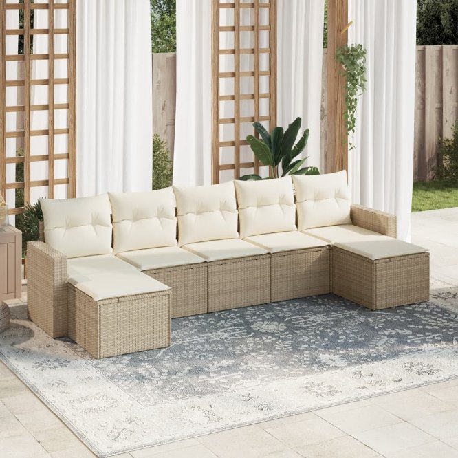 7-tlg. Garten-Sofagarnitur mit Kissen Schwarz Poly Rattan
