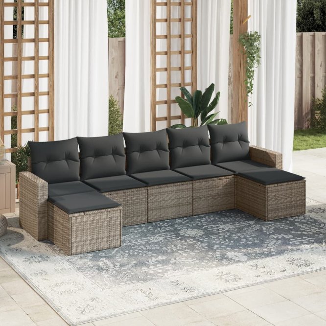 7-tlg. Garten-Sofagarnitur mit Kissen Schwarz Poly Rattan