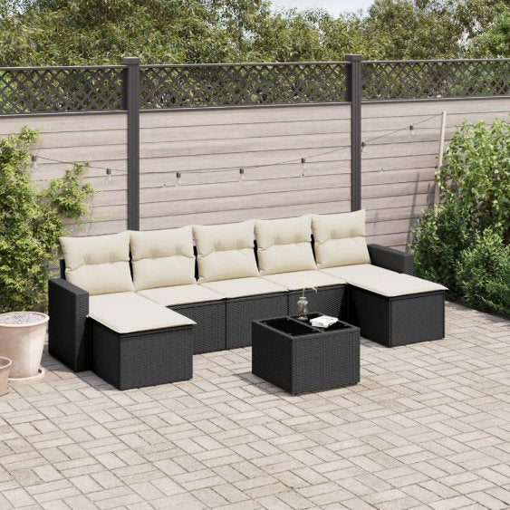 7-tlg. Garten-Sofagarnitur mit Kissen Schwarz Poly Rattan