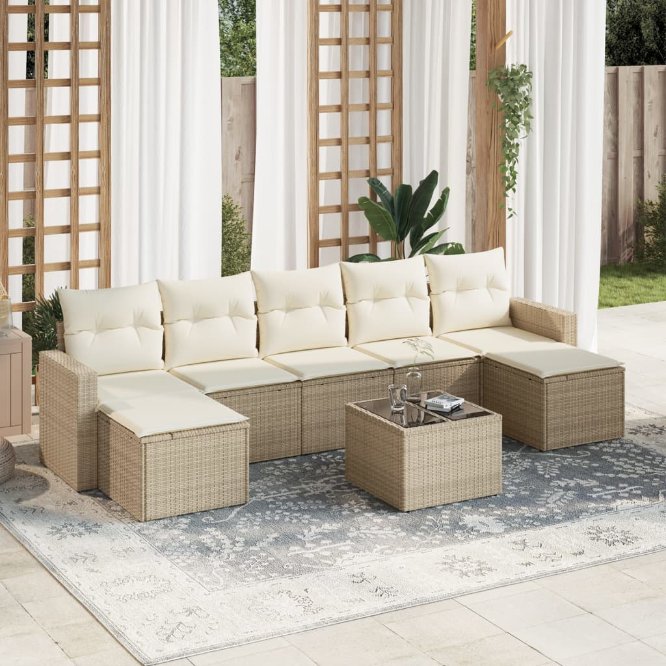 7-tlg. Garten-Sofagarnitur mit Kissen Schwarz Poly Rattan